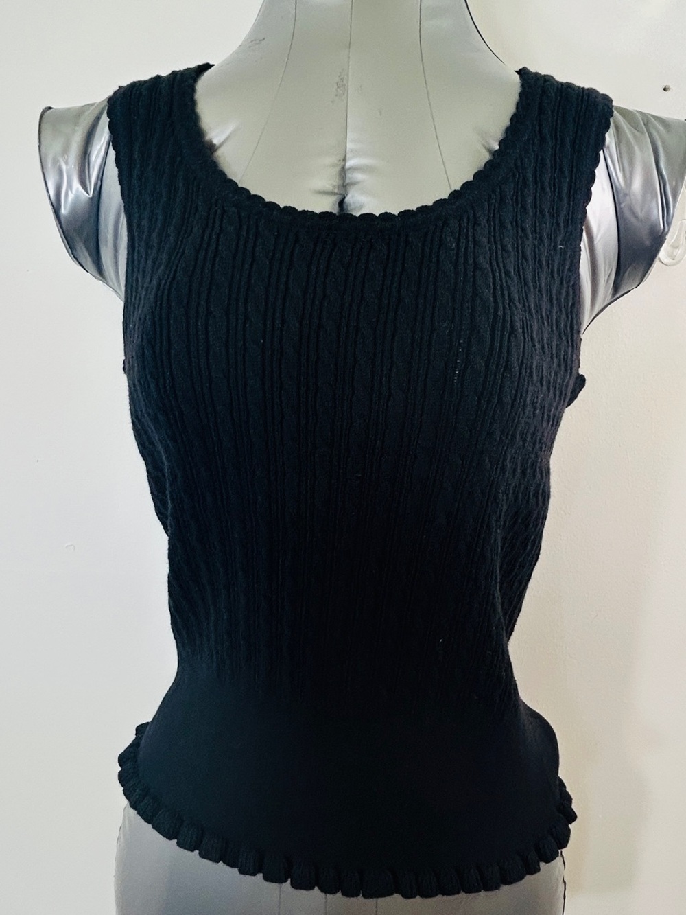 JEANNE PIERRE Black Cable Knit Scoop Tank with Ruffled Hem